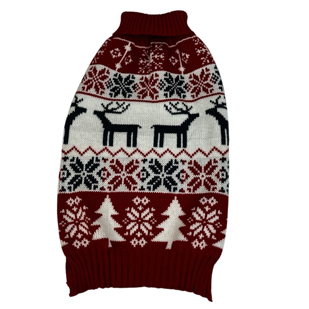 Small Dog Winter Theme Knit Sweater Reindeer Snowflakes & Trees W-10”XL-19”